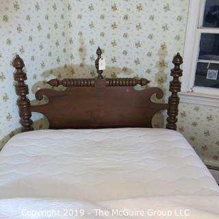 Furniture: Vintage: Antique:  4 spindle post bed w/ pegs for rope webbing (modernized); includes mattress, linens and quilt; 49W x 80L x 48"T (posts) MUST REMOVE ALL