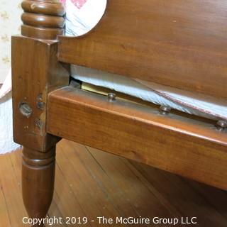 Furniture: Vintage: Antique:  4 spindle post bed w/ pegs for rope webbing (modernized); includes mattress, linens and quilt; 49W x 80L x 48"T (posts) MUST REMOVE ALL