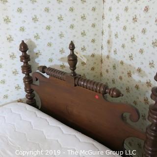 Furniture: Vintage: Antique:  4 spindle post bed w/ pegs for rope webbing (modernized); includes mattress, linens and quilt; 49W x 80L x 48"T (posts) MUST REMOVE ALL