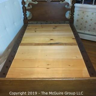 Furniture: Vintage: Antique:  4 spindle post bed w/ pegs for rope webbing (modernized); includes mattress, linens and quilt; 49W x 80L x 48"T (posts) MUST REMOVE ALL