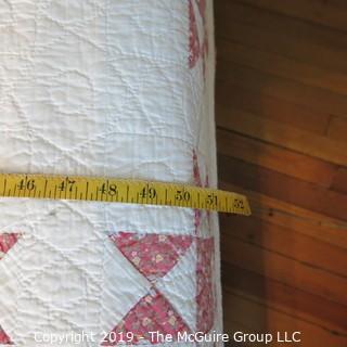 Furniture: Vintage: Antique:  4 spindle post bed w/ pegs for rope webbing (modernized); includes mattress, linens and quilt; 49W x 80L x 48"T (posts) MUST REMOVE ALL