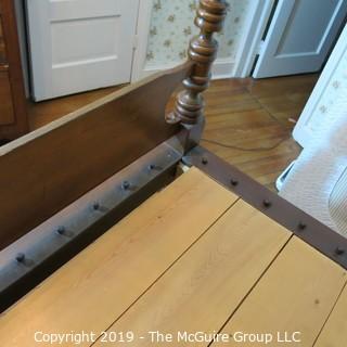 Furniture: Vintage: Antique:  4 spindle post bed w/ pegs for rope webbing (modernized); includes mattress, linens and quilt; 49W x 80L x 48"T (posts) MUST REMOVE ALL