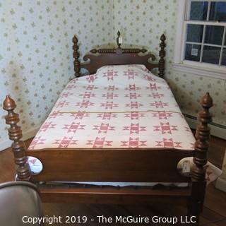 Furniture: Vintage: Antique:  4 spindle post bed w/ pegs for rope webbing (modernized); includes mattress, linens and quilt; 49W x 80L x 48"T (posts) MUST REMOVE ALL