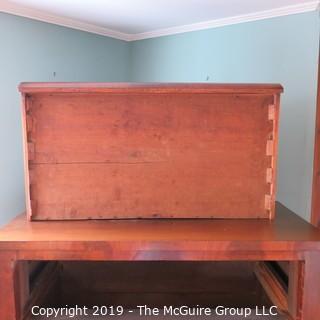 Furniture: Vintage: Antique: Empire Tall Chest with Lyre and Scrolled Legs, bookmatched flame veneers; 2-drawers over two doors; 43W x 22D x 48"T