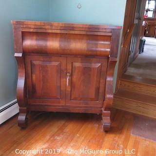 Furniture: Vintage: Antique: Empire Tall Chest with Lyre and Scrolled Legs, bookmatched flame veneers; 2-drawers over two doors; 43W x 22D x 48"T