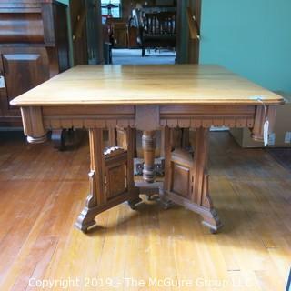 Furniture: Vintage: Antique: Eastlake Victorian Square Pedestal Dining Table w/ 5 leaves; 44" square top; each leaf 11"W; height of table 29 1/4"T 