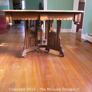 Furniture: Vintage: Antique: Eastlake Victorian Square Pedestal Dining Table w/ 5 leaves; 44" square top; each leaf 11"W; height of table 29 1/4"T 