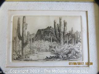 Framed original desert landscape print; 5 1/2 x 7 1/2 