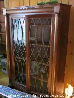 Furniture: Antique: Bookcase circa 1900; lattice over glass front; sold by Frederick Loeser and Co., Brooklyn, NY; 41W x 15D x 64"T