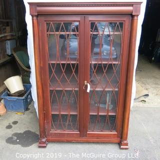 Furniture: Antique: Bookcase circa 1900; lattice over glass front; sold by Frederick Loeser and Co., Brooklyn, NY; 41W x 15D x 64"T