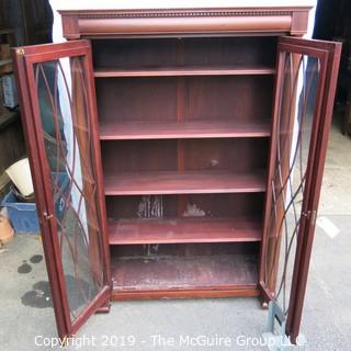 Furniture: Antique: Bookcase circa 1900; lattice over glass front; sold by Frederick Loeser and Co., Brooklyn, NY; 41W x 15D x 64"T