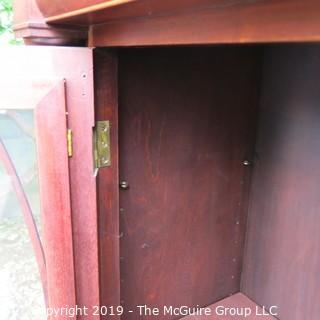 Furniture: Antique: Bookcase circa 1900; lattice over glass front; sold by Frederick Loeser and Co., Brooklyn, NY; 41W x 15D x 64"T