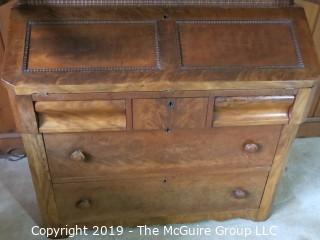 Furniture: Vintage: Antique: 2 piece Secretary with Beaded Wooden Border and Excellent Flame Veneers; 40 x 21 x 80"T 