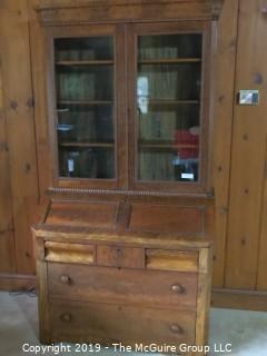 Furniture: Vintage: Antique: 2 piece Secretary with Beaded Wooden Border and Excellent Flame Veneers; 40 x 21 x 80"T 