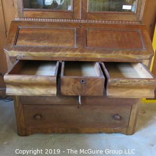 Furniture: Vintage: Antique: 2 piece Secretary with Beaded Wooden Border and Excellent Flame Veneers; 40 x 21 x 80"T 