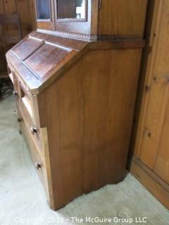 Furniture: Vintage: Antique: 2 piece Secretary with Beaded Wooden Border and Excellent Flame Veneers; 40 x 21 x 80"T 