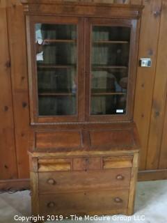 Furniture: Vintage: Antique: 2 piece Secretary with Beaded Wooden Border and Excellent Flame Veneers; 40 x 21 x 80"T 