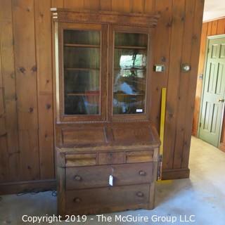 Furniture: Vintage: Antique: 2 piece Secretary with Beaded Wooden Border and Excellent Flame Veneers; 40 x 21 x 80"T 