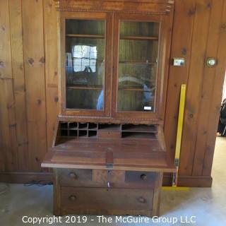 Furniture: Vintage: Antique: 2 piece Secretary with Beaded Wooden Border and Excellent Flame Veneers; 40 x 21 x 80"T 