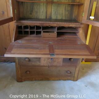 Furniture: Vintage: Antique: 2 piece Secretary with Beaded Wooden Border and Excellent Flame Veneers; 40 x 21 x 80"T 