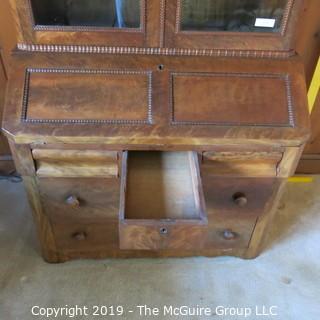 Furniture: Vintage: Antique: 2 piece Secretary with Beaded Wooden Border and Excellent Flame Veneers; 40 x 21 x 80"T 