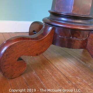 Furniture: Vintage: Antique: 35" Diameter Flame Mahogany Breakfast Table on Pedestal Stem with Quatrefoil Scrolled Feet;  27 1/2"T