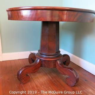 Furniture: Vintage: Antique: 35" Diameter Flame Mahogany Breakfast Table on Pedestal Stem with Quatrefoil Scrolled Feet;  27 1/2"T