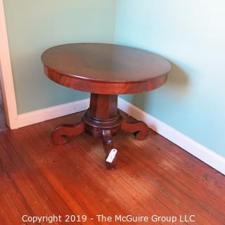 Furniture: Vintage: Antique: 35" Diameter Flame Mahogany Breakfast Table on Pedestal Stem with Quatrefoil Scrolled Feet;  27 1/2"T