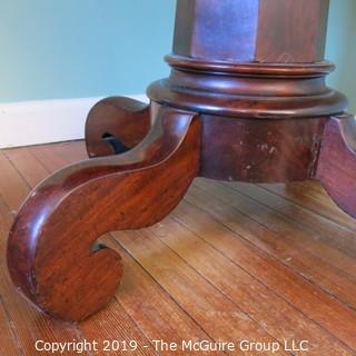 Furniture: Vintage: Antique: 35" Diameter Flame Mahogany Breakfast Table on Pedestal Stem with Quatrefoil Scrolled Feet;  27 1/2"T