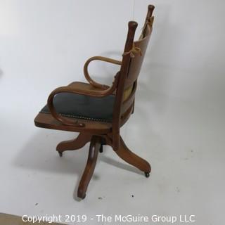 Furniture: Vintage: Office Chair on casters, curved oak arm rests, leather seat