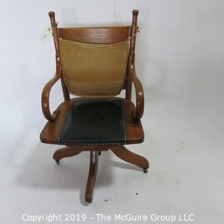 Furniture: Vintage: Office Chair on casters, curved oak arm rests, leather seat