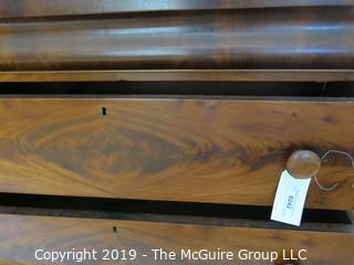 Furniture: Antique: Vintage: Dresser: Circa 1830-40 3-Drawer Dresser w/ attached tilt 2-drawer mirror; bookmatched veneers. (See owners note attached  at time of purchase); 41W x 20D x 38"T; mirror is 34W x 38"T