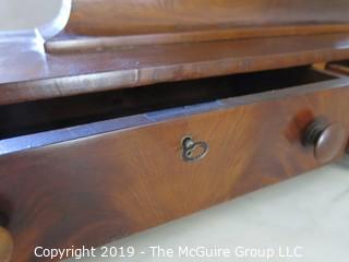 Furniture: Antique: Vintage: Dresser: Circa 1830-40 3-Drawer Dresser w/ attached tilt 2-drawer mirror; bookmatched veneers. (See owners note attached  at time of purchase); 41W x 20D x 38"T; mirror is 34W x 38"T