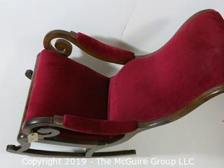 Furniture: Vintage: Antique: Red Velvet Rocker; scrolled arms; 24W x 18D x 42"T