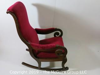 Furniture: Vintage: Antique: Red Velvet Rocker; scrolled arms; 24W x 18D x 42"T