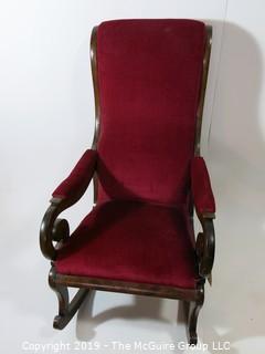 Furniture: Vintage: Antique: Red Velvet Rocker; scrolled arms; 24W x 18D x 42"T