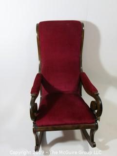 Furniture: Vintage: Antique: Red Velvet Rocker; scrolled arms; 24W x 18D x 42"T