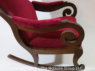 Furniture: Vintage: Antique: Red Velvet Rocker; scrolled arms; 24W x 18D x 42"T