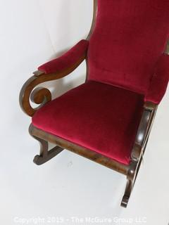 Furniture: Vintage: Antique: Red Velvet Rocker; scrolled arms; 24W x 18D x 42"T