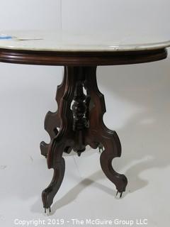 Furniture: Antique: Vintage: Oval pedestal occasional table w/ white marble oval top; 29 x 23" top; 29"T 