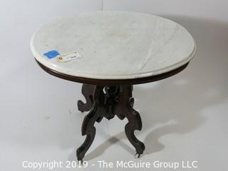 Furniture: Antique: Vintage: Oval pedestal occasional table w/ white marble oval top; 29 x 23" top; 29"T 