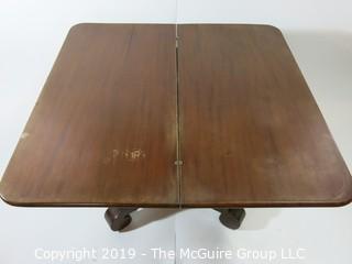 Furniture: Vintage: Antique: 36" square Fold Over Rotating Game Table on pedestal with quatrefoil scrolled feet; 27"T  