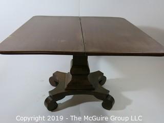 Furniture: Vintage: Antique: 36" square Fold Over Rotating Game Table on pedestal with quatrefoil scrolled feet; 27"T  