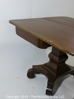 Furniture: Vintage: Antique: 36" square Fold Over Rotating Game Table on pedestal with quatrefoil scrolled feet; 27"T  