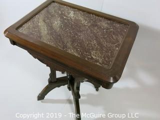 Furniture: Vintage: Antique: Eastlake Pedestal Carved Table w/Reddish Marble Top (insert); 19W x 25D x 30 1/2"T