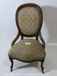 Furniture: Vintage: Antique: Eastlake Carved Embroidered side Chair w/front casters; 22 1/2W x 19D x 37"T