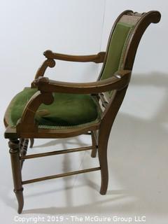 Furniture: Vintage: Antique: Carved Sleigh-style Spindle Arm Chair w/ Green Velvet; 21 1/2"W x 18 1/2"D x 36"T