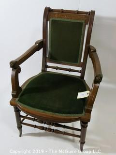 Furniture: Vintage: Antique: Carved Sleigh-style Spindle Arm Chair w/ Green Velvet; 21 1/2"W x 18 1/2"D x 36"T