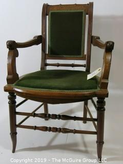 Furniture: Vintage: Antique: Carved Sleigh-style Spindle Arm Chair w/ Green Velvet; 21 1/2"W x 18 1/2"D x 36"T