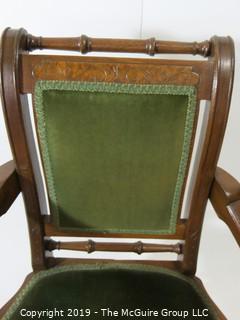 Furniture: Vintage: Antique: Carved Sleigh-style Spindle Arm Chair w/ Green Velvet; 21 1/2"W x 18 1/2"D x 36"T